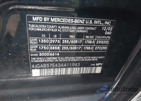 2003 Mercedes-Benz Ml 350 from USA, damaged, VIN 4JGAB57E43A411943